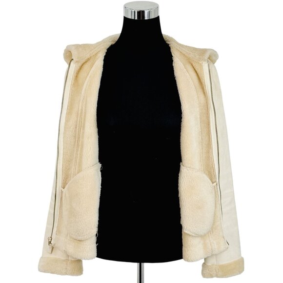 Vtg Y2K Hydraulic Hooded Cream Faux Suede & Fur Lined Penny Lane Coat | Boho Lg - Picture 15 of 16